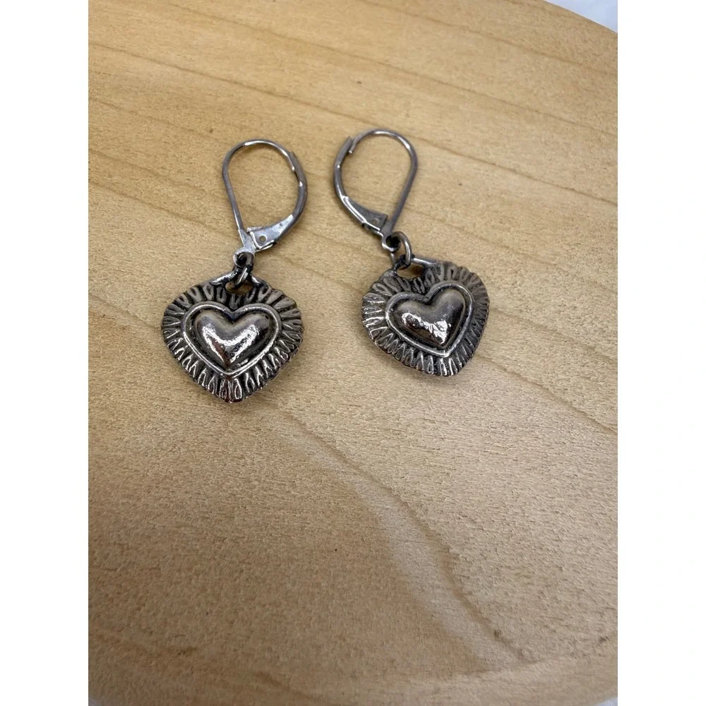 Silver Toned Puffy Heart Leverback Dangle‎ Earrings